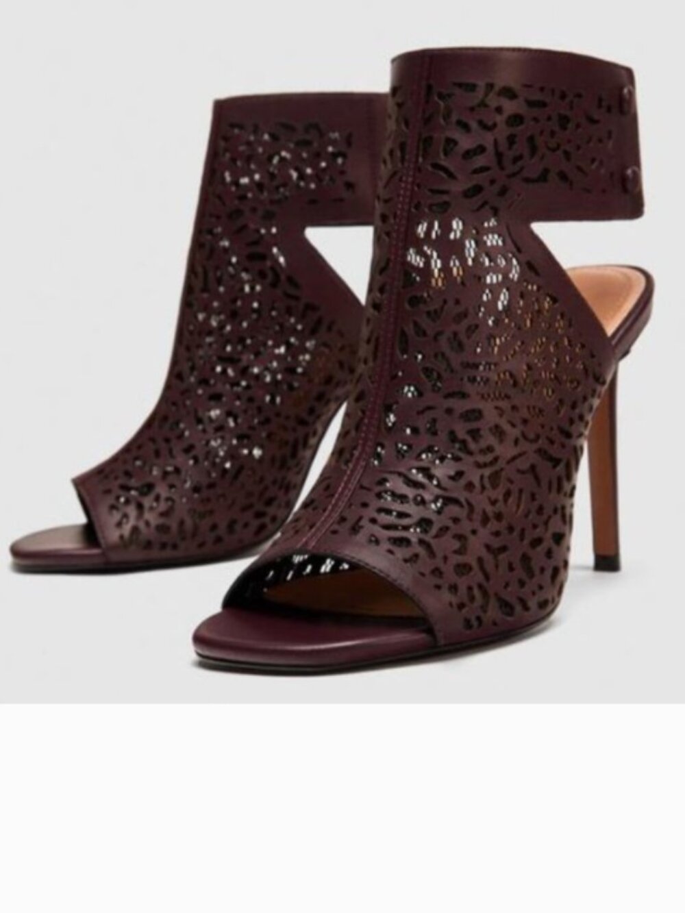 Zara burgundy wrap around lace up cut out leather heel sandals, New, 7.5